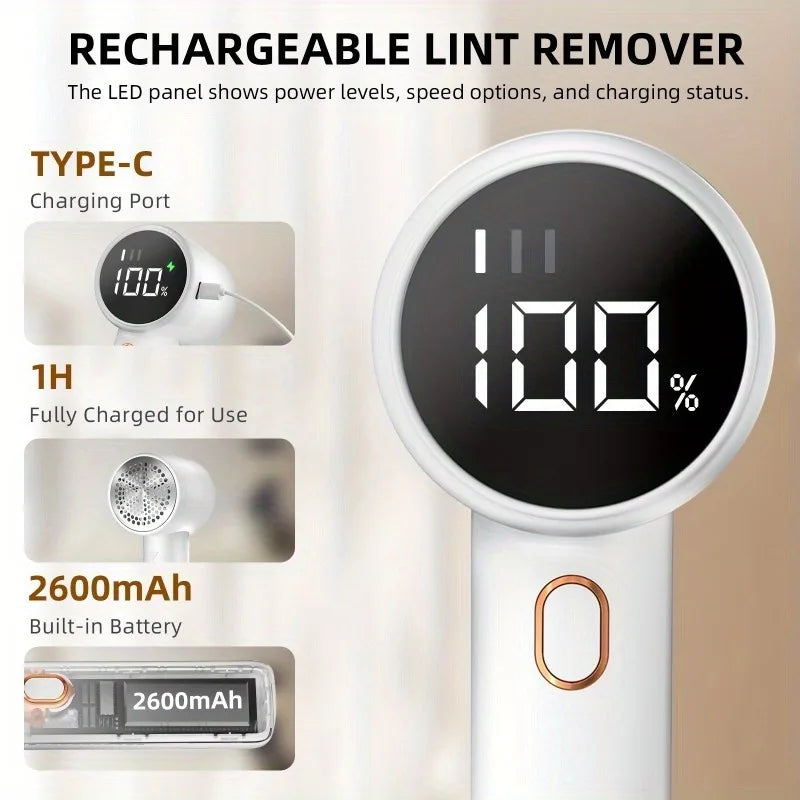 Tidesmit 6-blade fabric shaver showing detailed LED battery display and portable lint remover head