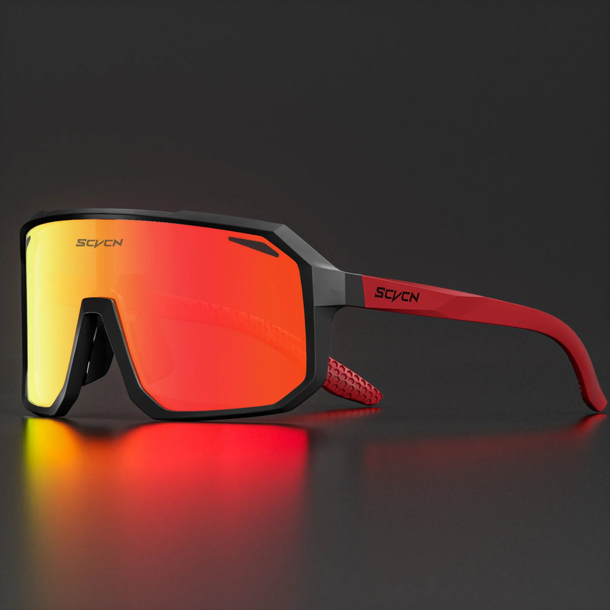 Cycling sunglasses with black frame and red mirrored sport lenses.
