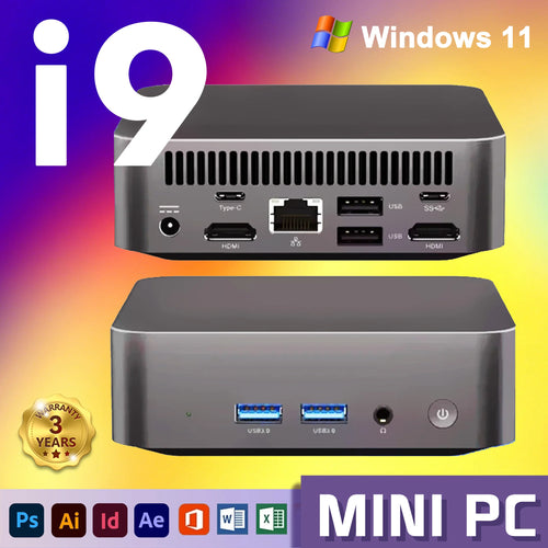 Grey metallic mini PC showing front/back ports: USB 3.0, HDMI, Ethernet, Type-C, audio jack, and power input.
