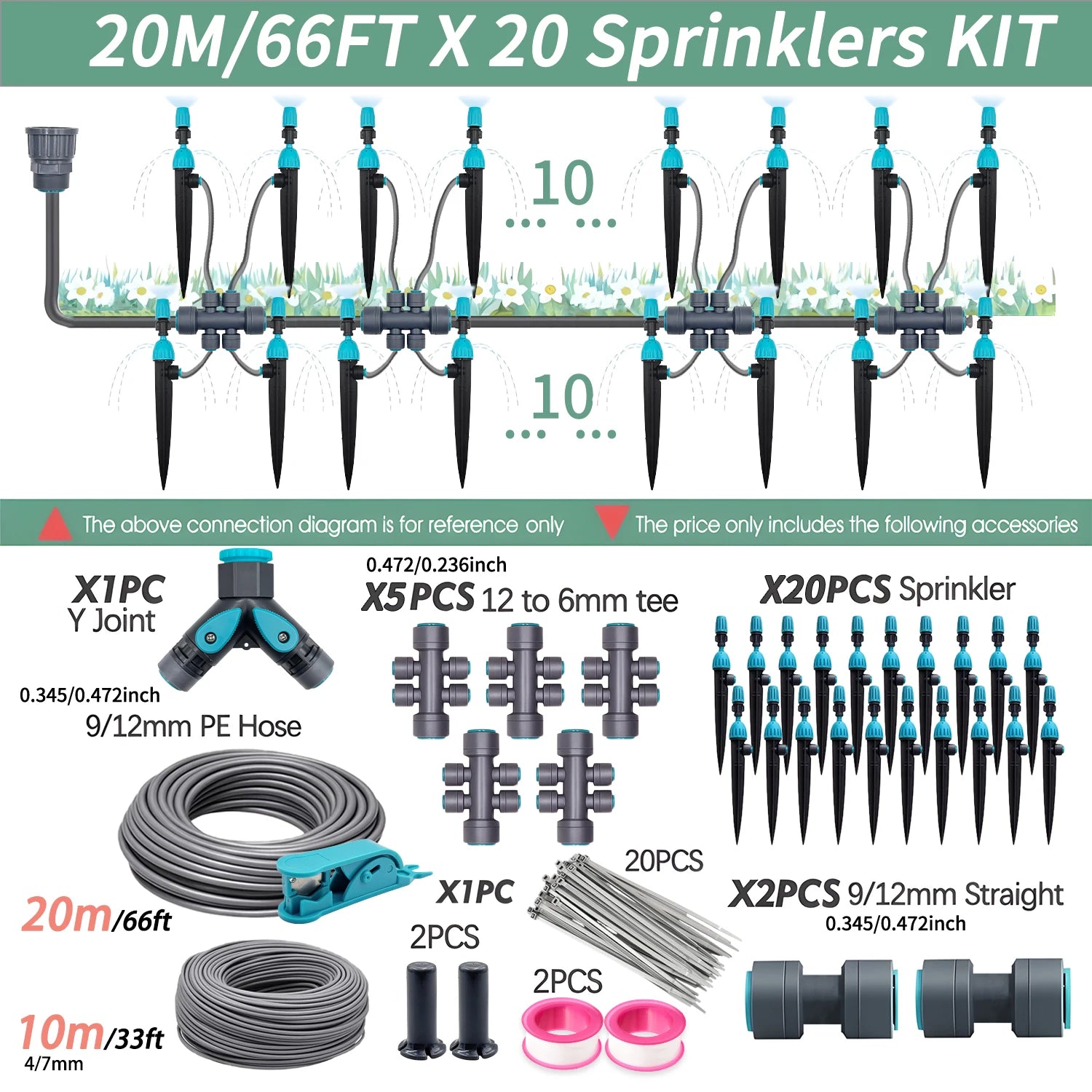 3/8 in PE hose sprinkler kit with coiled gray hose, blue fittings, and black drip stakes
