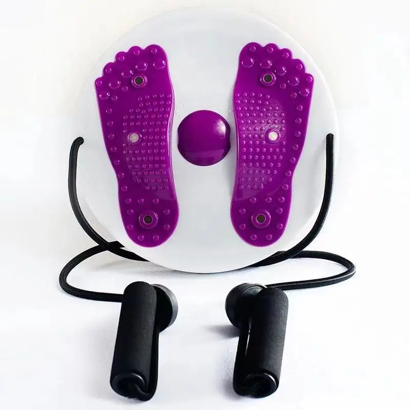 Round waist twisting disc with purple textured foot pads, magnetic points, and attached resistance bands with handles.