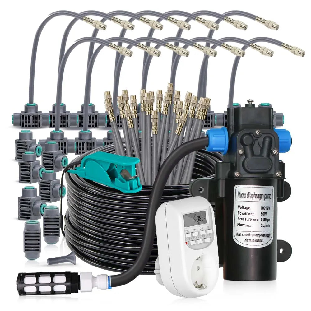 Garden mist sprinkler irrigation kit with flexible hose, brass nozzles, and pump timer unit.