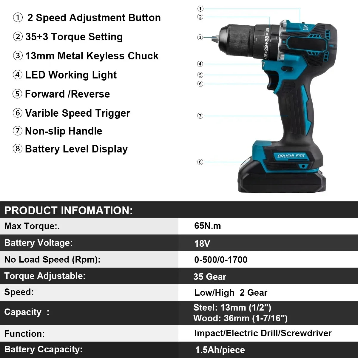 18V Brushless Cordless Drill Driver, Multifunctional High Torque Electric Screwdriver Power Tool Portable Handheld Equipment For Home DIY Compatible For Makita 18V LXT Lithium Battery