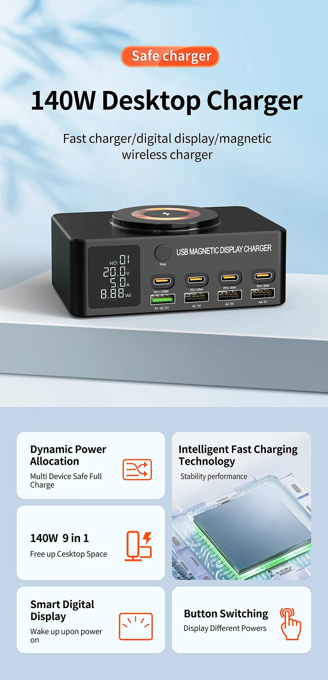 220W GaN USB-C Fast Charger Station for Multi-Device Charging Tidesmit