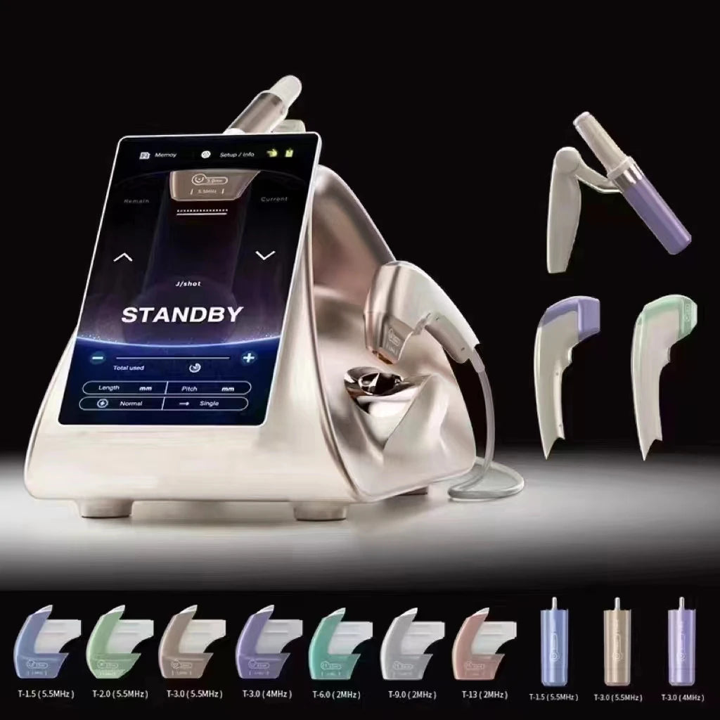 Professional 12D facial and body skin firming machine with touch screen, handheld wands, and multiple therapy tips.
