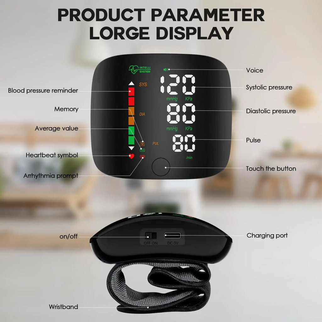 Smart LCD Rechargeable English Voice Wrist Blood Pressure Monitor Digital Automatic BP Tonometer Heart Rate Sphygmomanometer