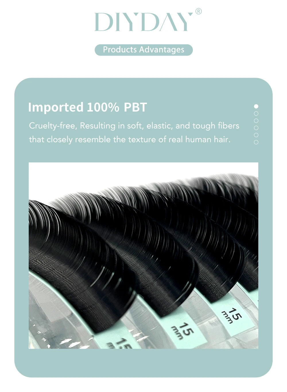 DIYDAY individual black PBT lash extension strips in 15mm length, showcasing soft, elastic, natural-looking curls.