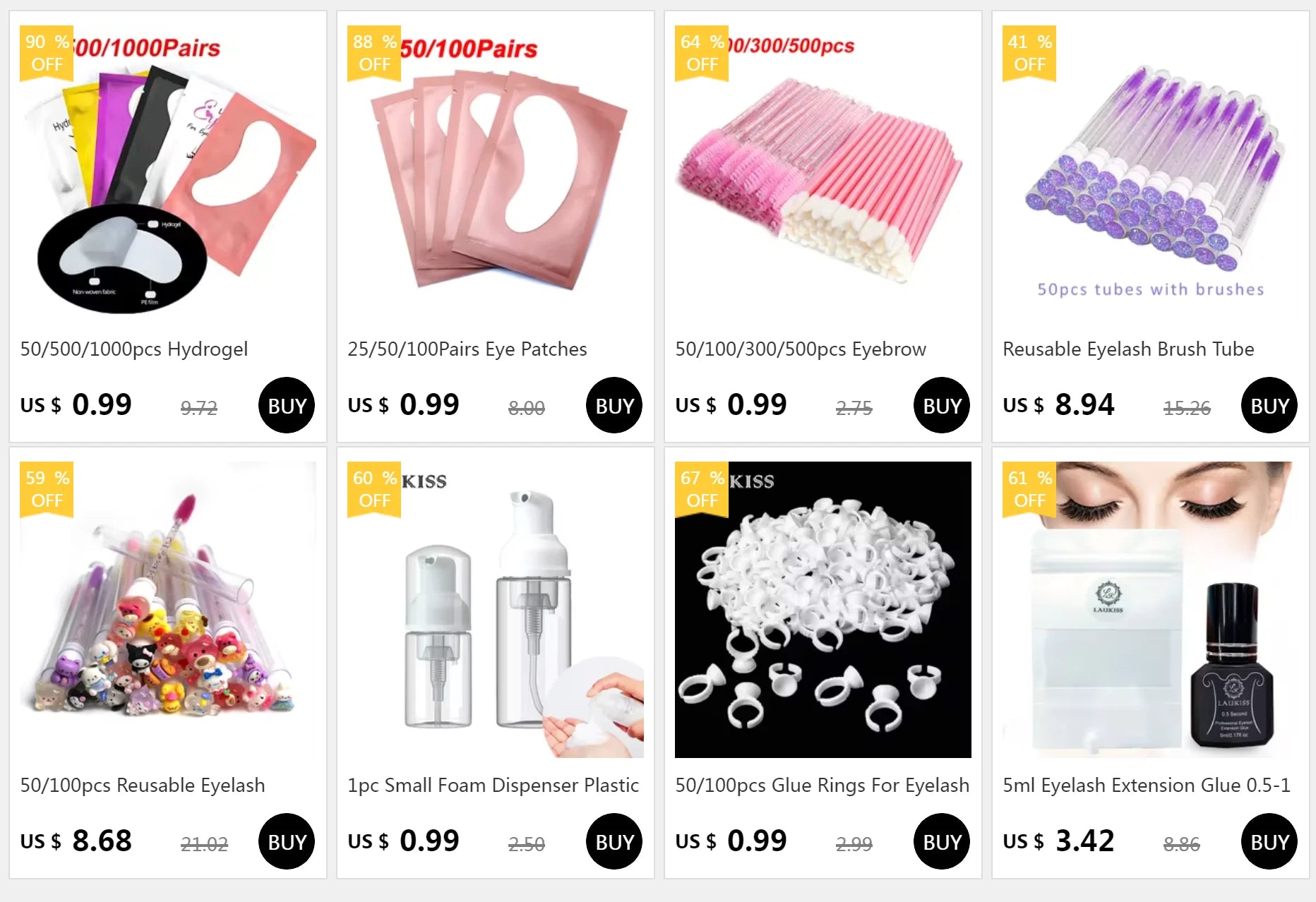 Assorted hydrogel eyelash extension patches in individual colored foil sachets for professional eye grafting.