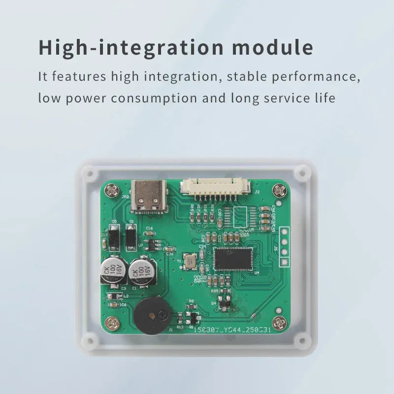 Embedded QR code reader module circuit board inside clear plastic housing