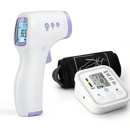 White non-contact infrared thermometer and white digital blood pressure monitor with a black arm cuff.