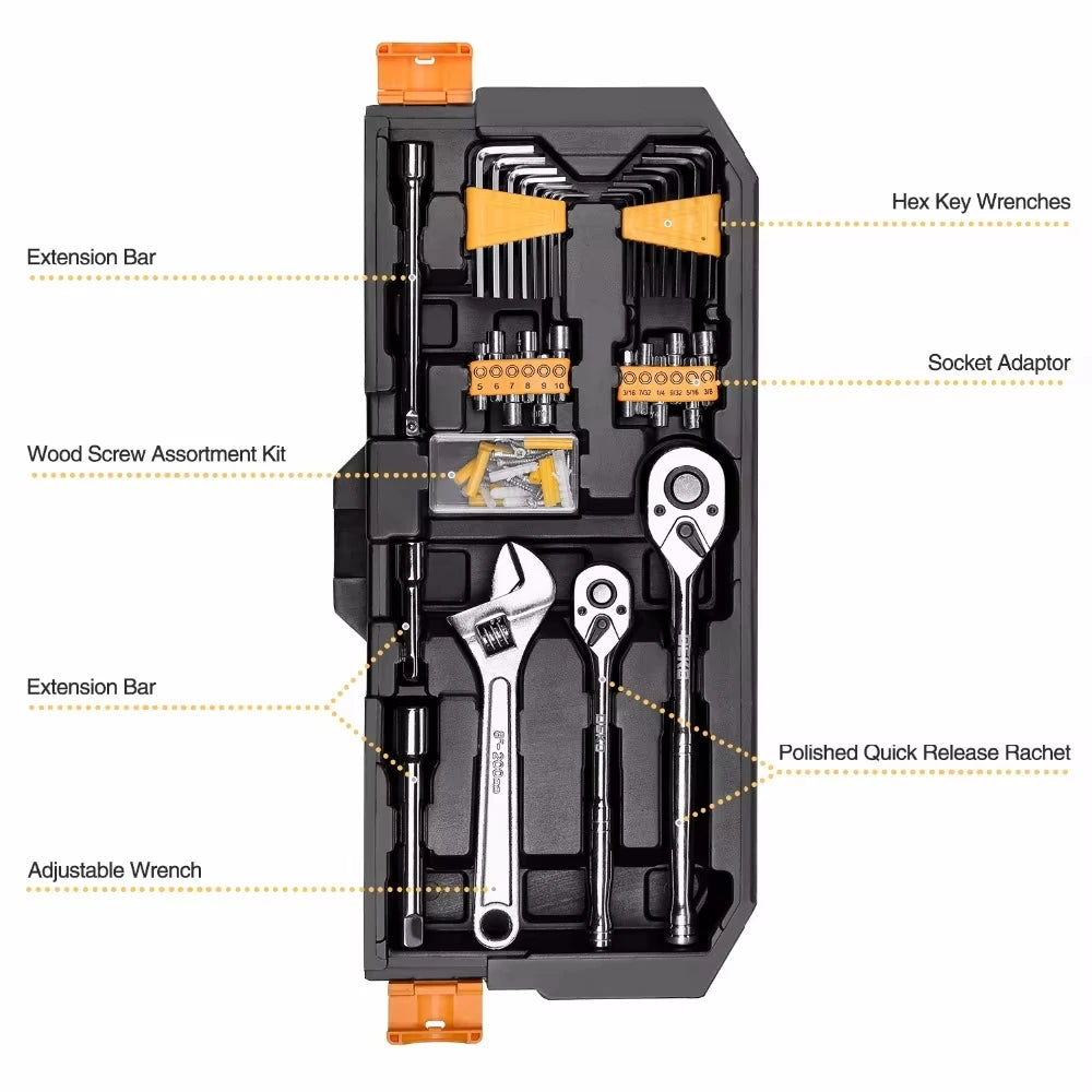 DEKO 192Pcs 198Pcs Professional Car Repair Tool Set Ratchet Spanner Screwdriver Socket Mechanics Tools Kit W/ Blow-Molding Box
