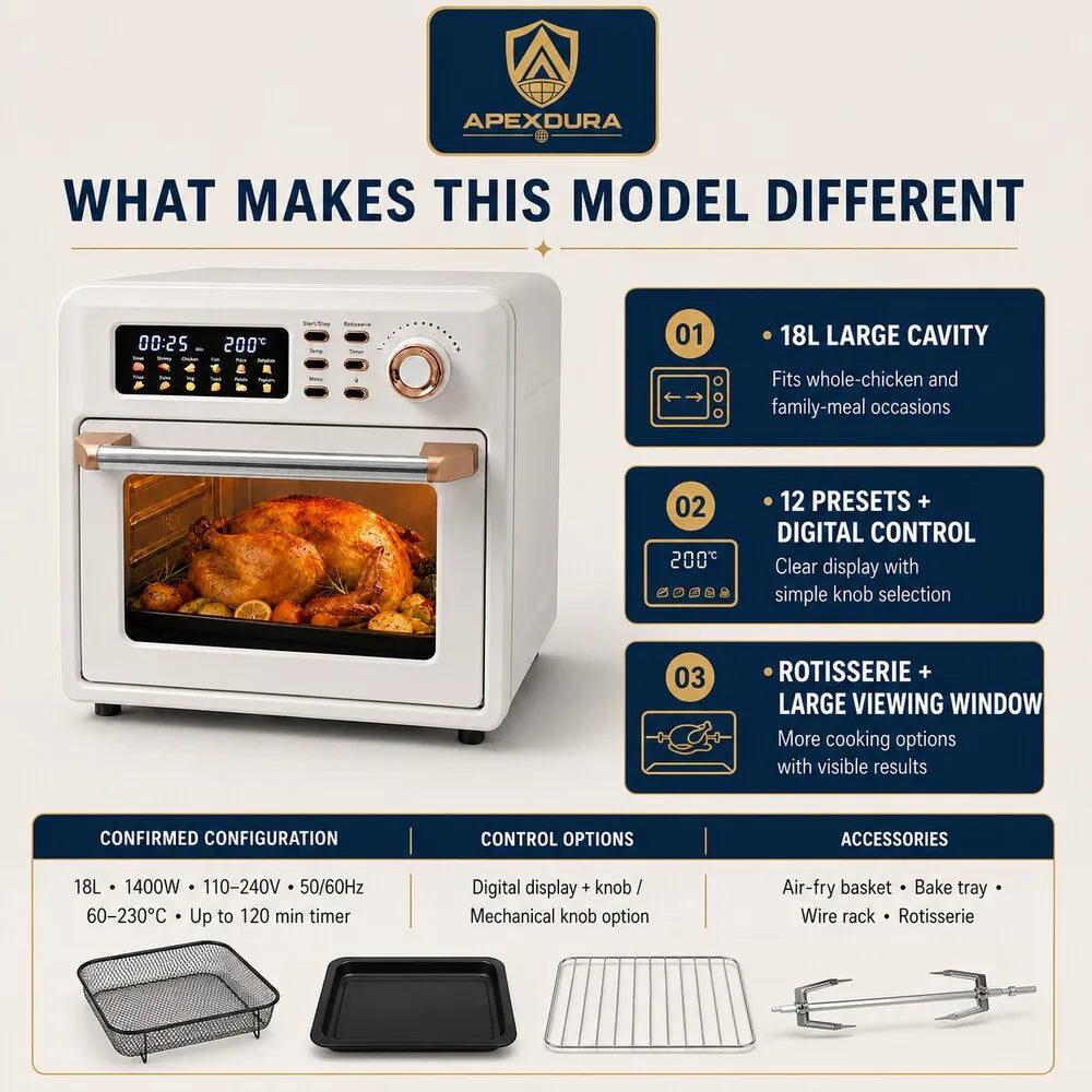 18L Large Capacity Air Fryer Oven Rotisserie Digital 12 Presets 120min Timer CE CB OEM Factory