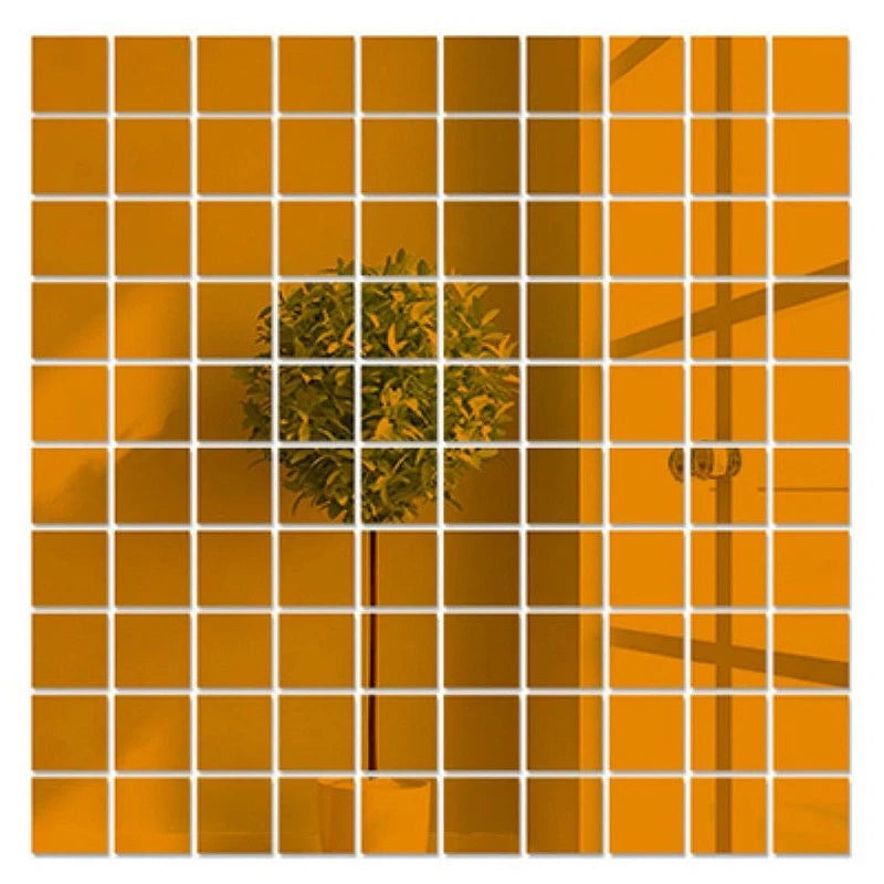 Gold-toned 3D mosaic mirror wall sticker tiles sheet with small square decal grid
