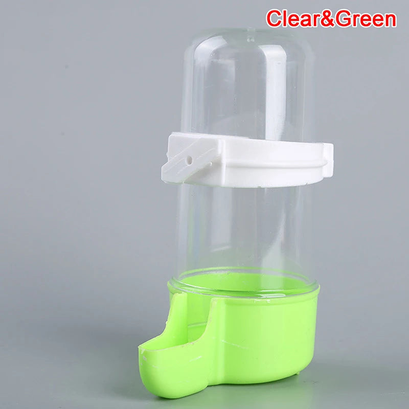 Clear and green plastic automatic bird feeder and water dispenser for parrot cage, easy to refill and install.