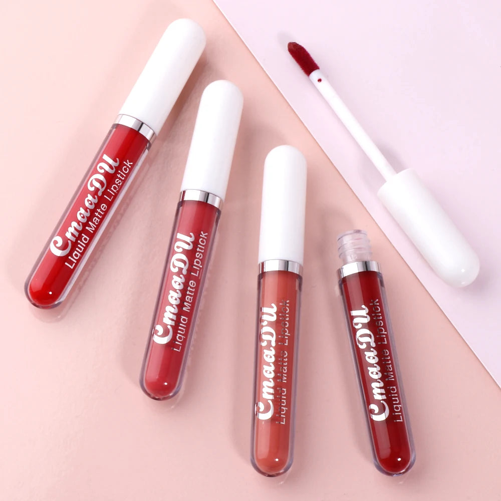 CmaaDU long-lasting waterproof matte liquid lipsticks in various red and nude shades with applicator on pink background.