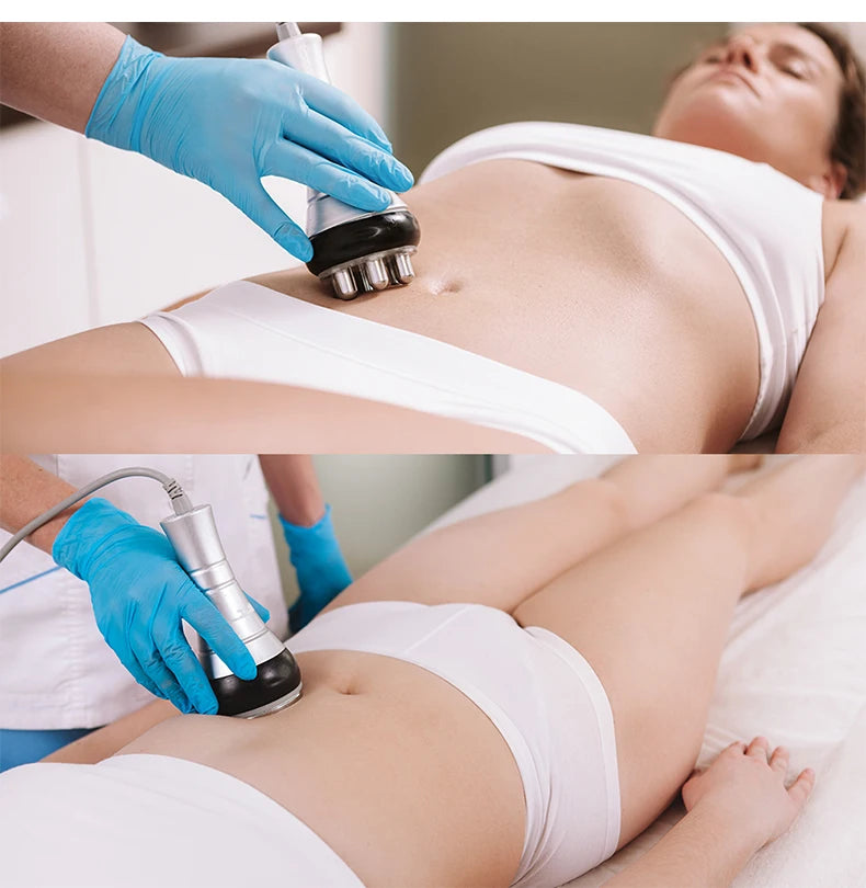Practitioner in blue gloves uses a silver 40k ultrasonic body shaping wand on a patient's abdomen.
