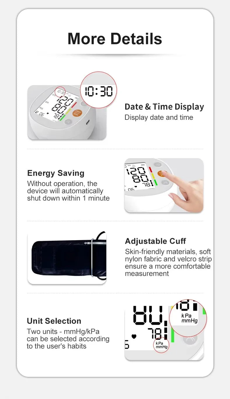 One Click Measure Round Arm Blood Pressure Monitor Automatic Backlight High Accurate Electronic BP Measuring Machine Home
