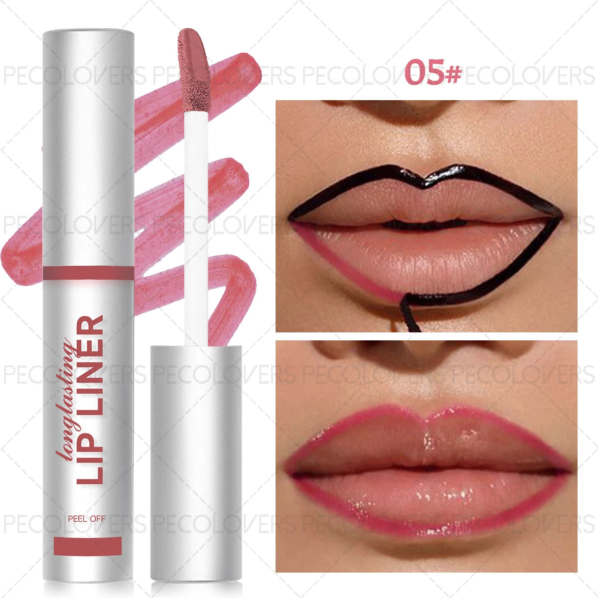 Matte peel-off lip liner in shade 05, showing waterproof long-lasting color on lips for defined, hydrating makeup look.