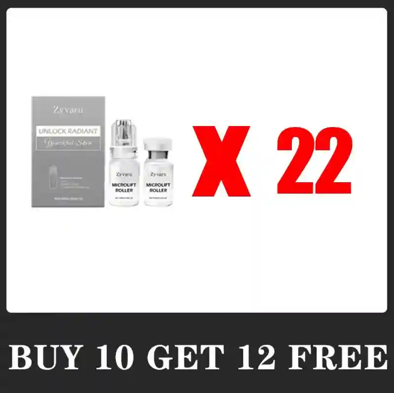 Zyvarn Microlift Roller kit with gray box and two clear serum vials, plus large "X 22" text and "Buy 10 Get 12 Free".