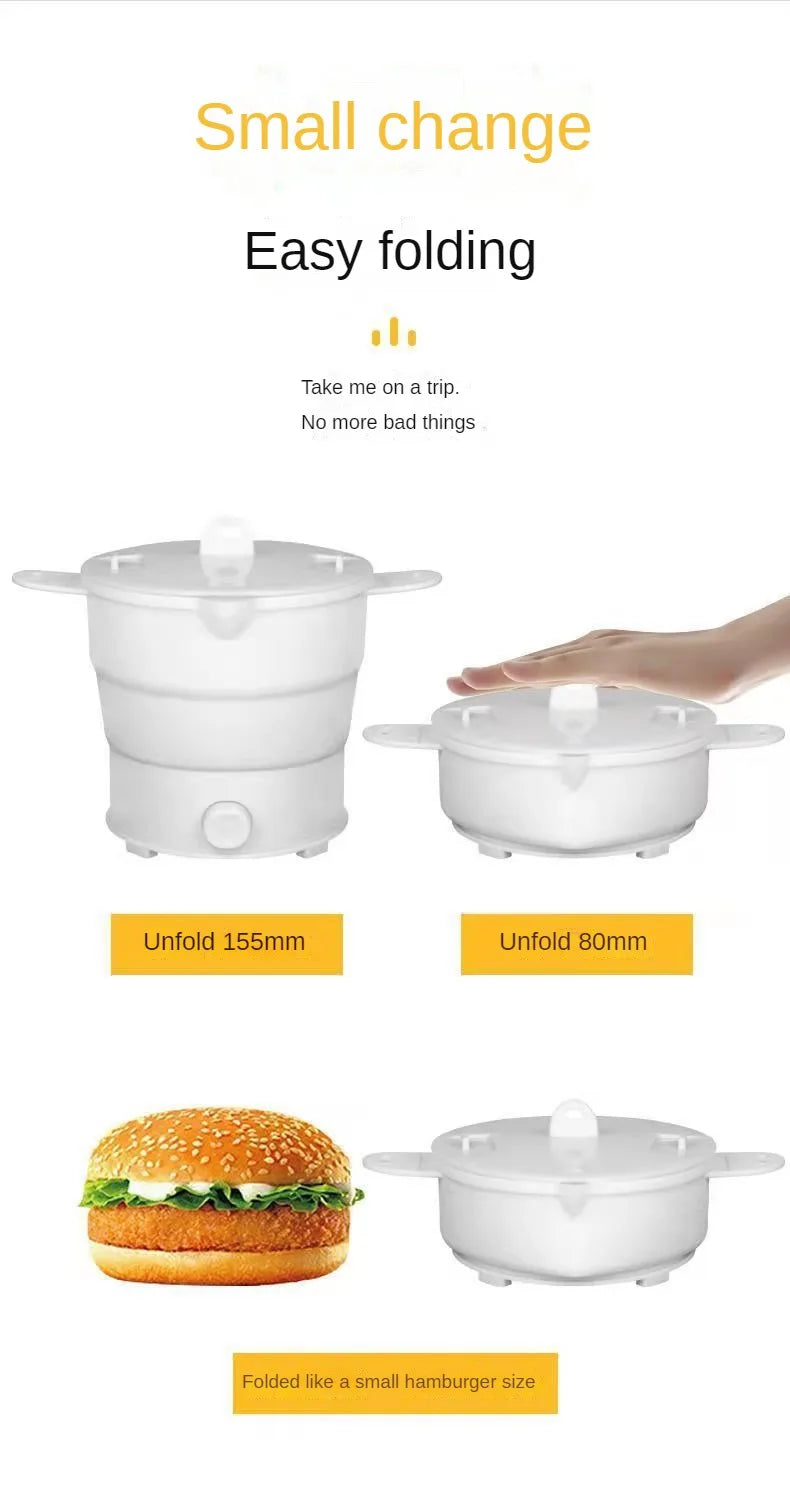 White foldable electric cooking pot with lid, collapsed and expanded for travel