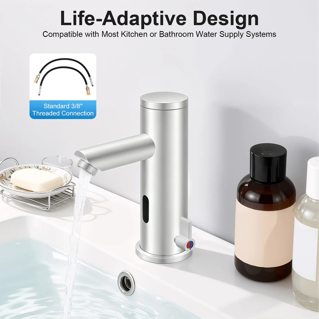 Compact Hot Cold Touchless Sensor Faucet, 304 Stainless Steel Automatic Infrared Sensor Tap, DC 6V Power Supply, Water Temperature Range 0–55°C , for Bathroom Sink, Hotel, Hospital, Office
