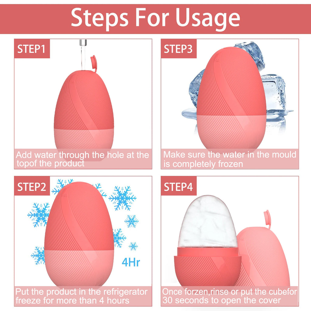 Instructional graphic showing four steps to use a coral-colored, egg-shaped silicone ice face roller mold.