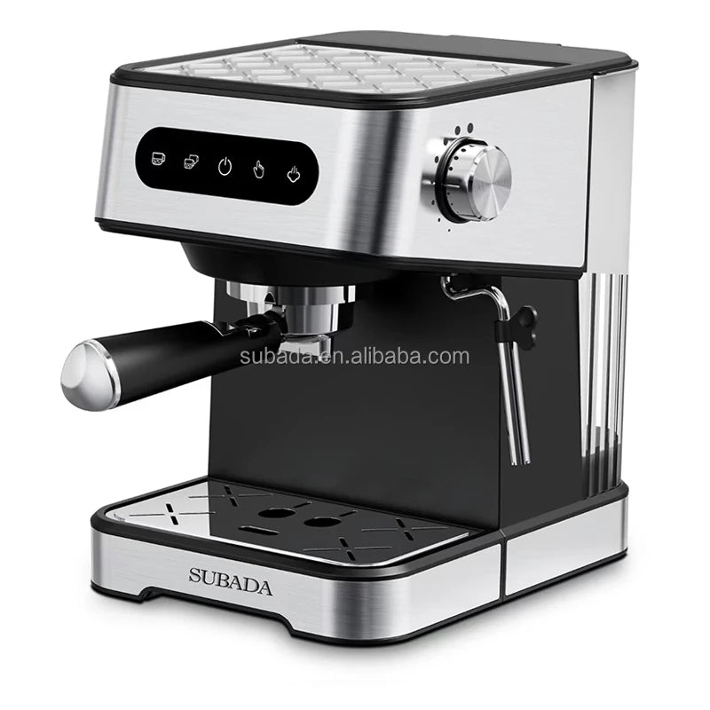 Stainless steel espresso machine with portafilter, drip tray, and control panel