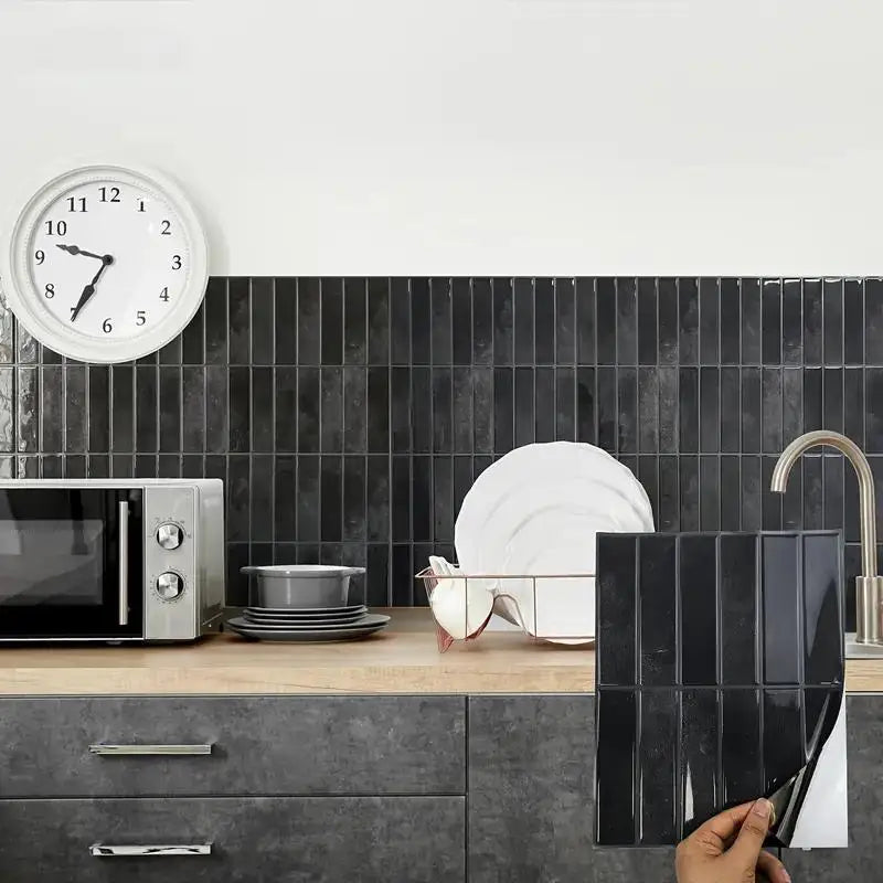 Self-adhesive tile backsplash sticker, glossy dark gray square grid on wall