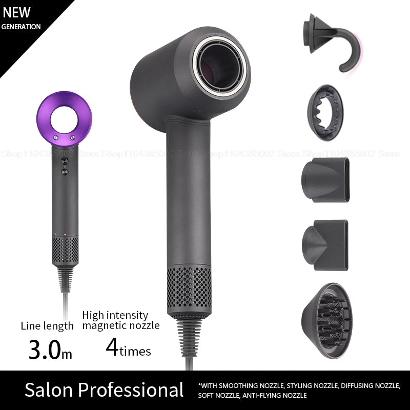 Grey leafless professional hair dryer with 5 magnetic styling attachments for quick-dry negative ion salon results.