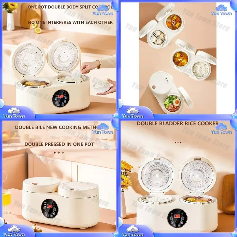 White double rice cooker with two inner lids open, showing two cooking compartments