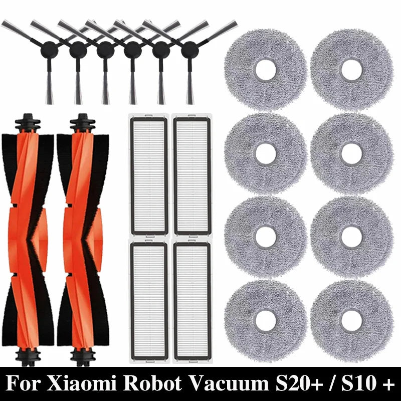 Tidesmit replacement parts kit for Xiaomi Robot Vacuum S20+ S10+ including main brush, side brush, filter, and mop.