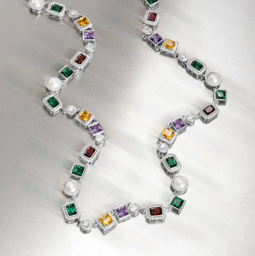Silver multi-color gemstone choker with square halo stones and pearl accents