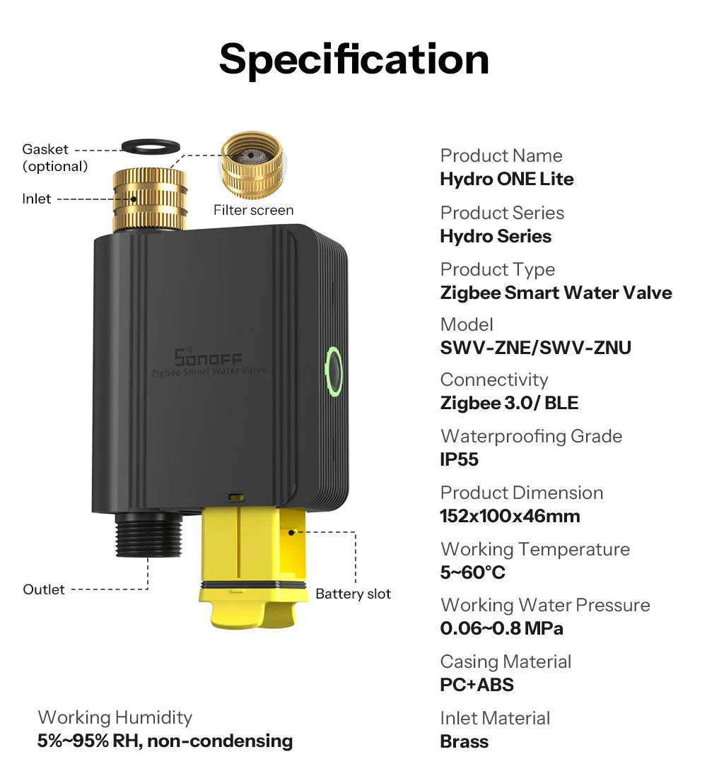 SONOFF SWV-ZNE Hydro Series Hydro ONE Lite Zigbee Smart Water Valve Without Flow Meter Dual Communication Modes Flexible Control