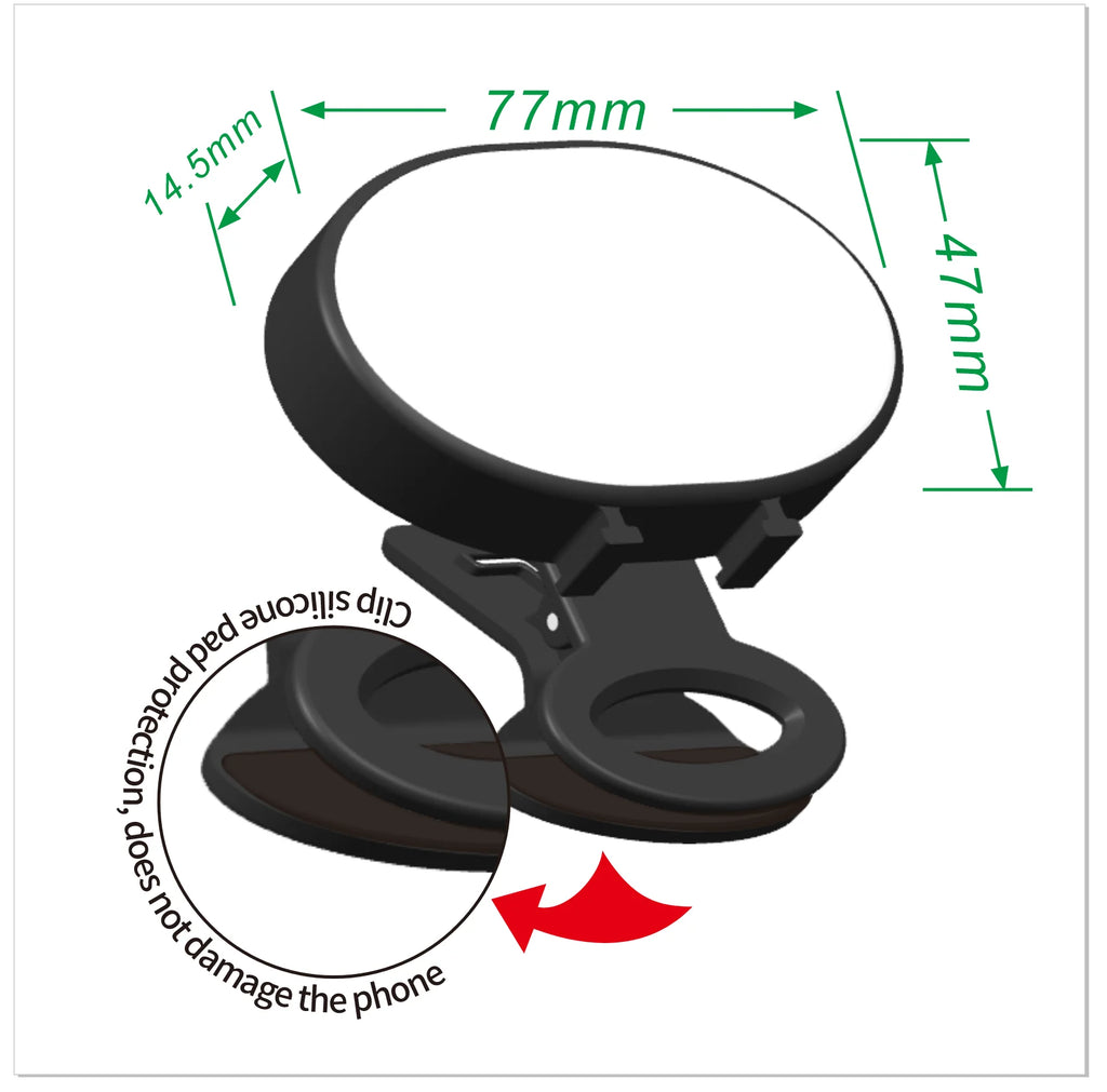 Black circular LED clip-on phone light, 77mm wide, with protective silicone pads for secure attachment.