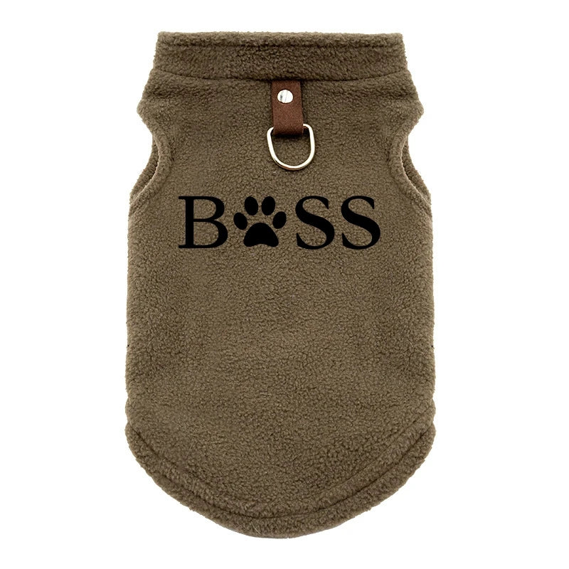 Brown fleece dog sweater vest for small dogs with "BOSS" text and leash D-ring for cozy winter warmth.