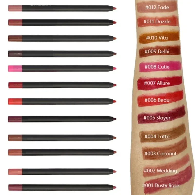 Set of long-lasting, matte waterproof lip liner pencils in nude and brown shades with arm swatches for makeup artistry.