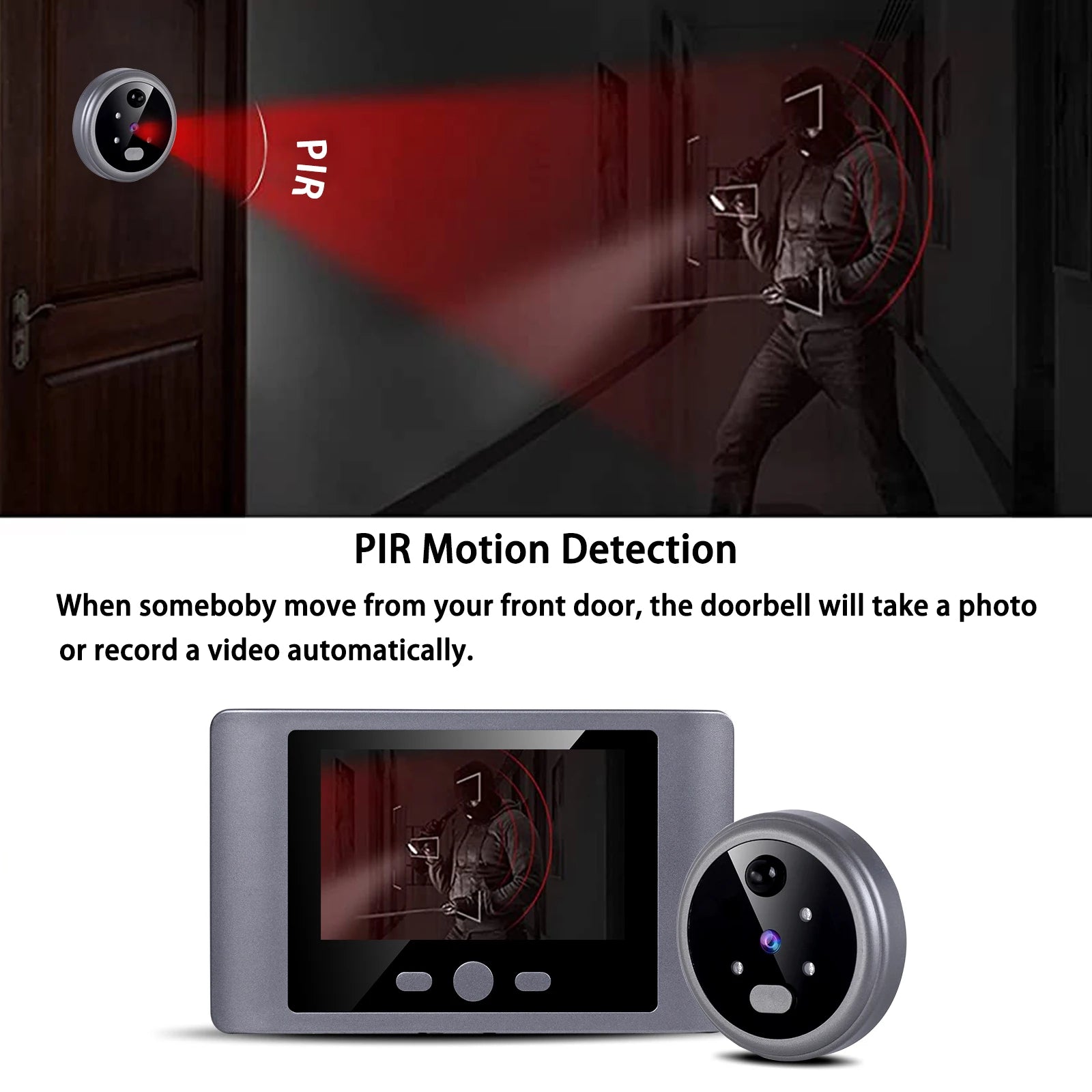 Wireless Home Security Peephole Video Doorbell 720P Digital Door Eye Camera Battery PIR Support Video & Photo Record
