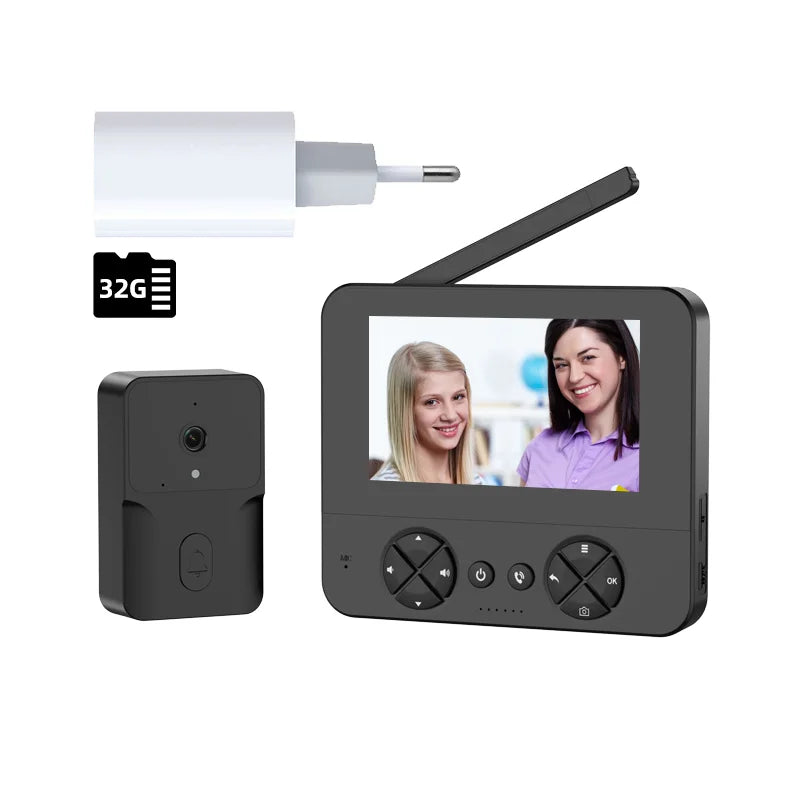 Wireless video doorbell system with 7-inch screen, outdoor camera, and 32GB card