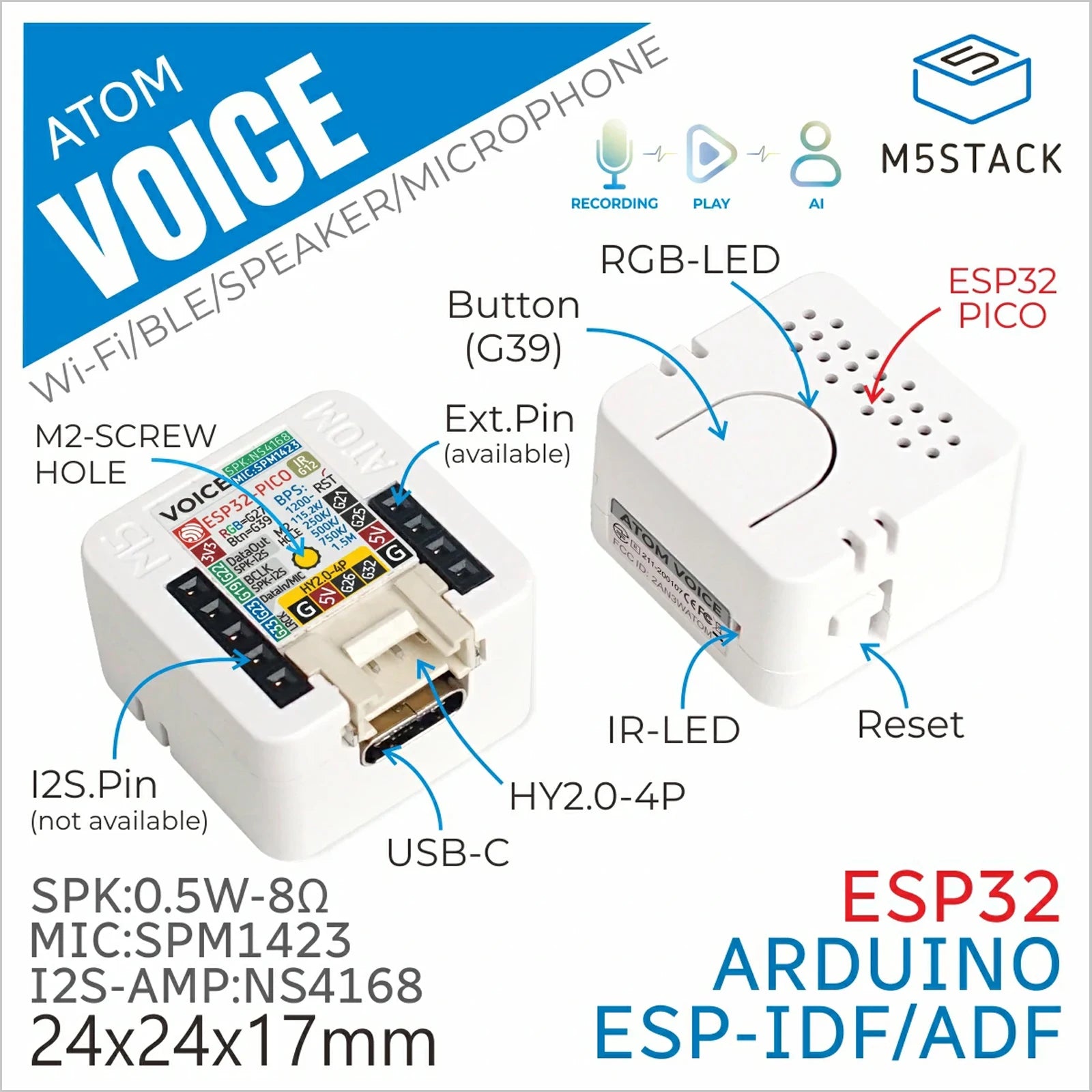 M5Stack Official ATOM Voice ESP32 Smart Speaker Development Kit