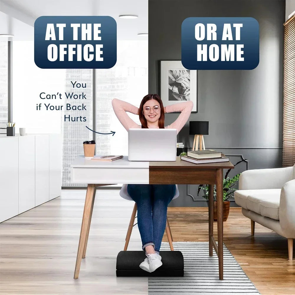 Adjustable black ergonomic under desk footrest for office or home to relieve back and knee pain while sitting.