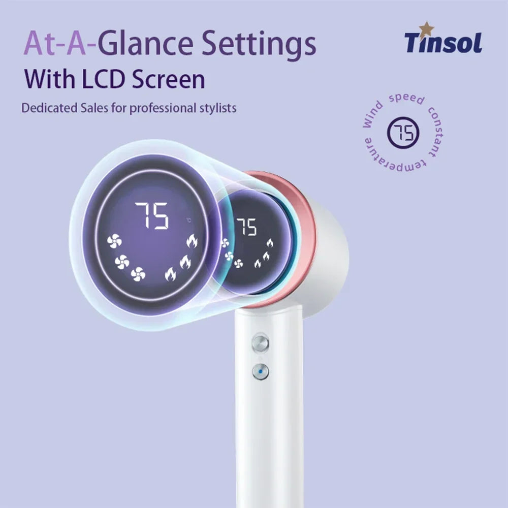 Tinsol professional high-speed hair dryer in white and rose gold with LED temp display and digital settings.