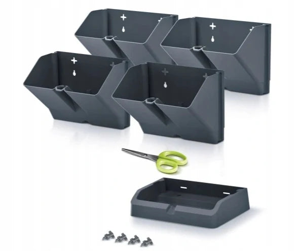 Set of dark grey modular planter trays for vertical system with base tray and accessories