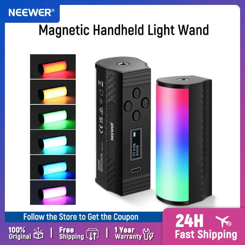 Compact black magnetic LED light wand with multi-color lighting modes and digital display for photography and video.