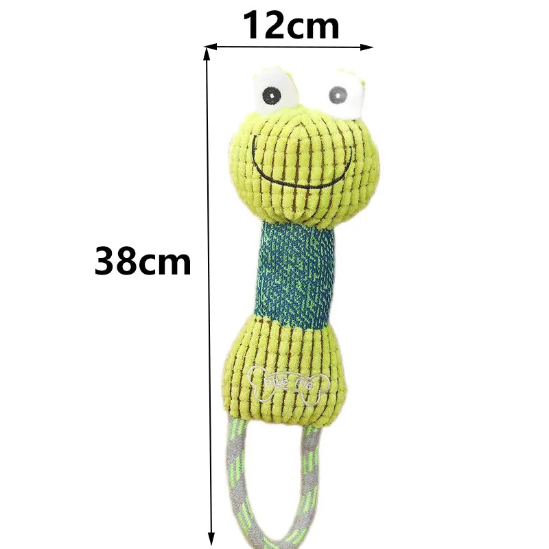 Green plush frog dog toy with rope for interactive chewing, teeth cleaning, and squeaky pet play. 38cm tall.