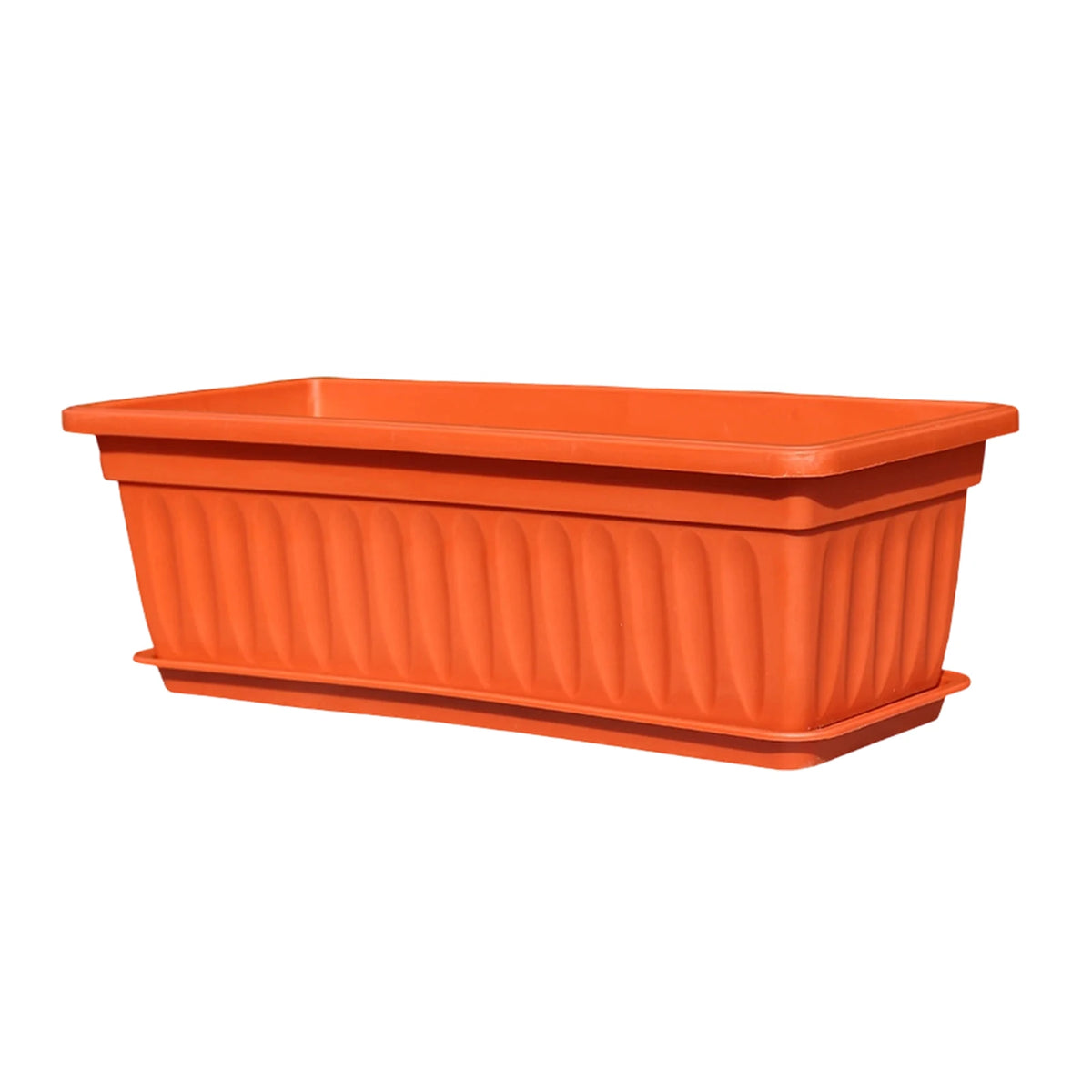 Rectangular plastic planter pot, orange, ribbed sides and raised rim.