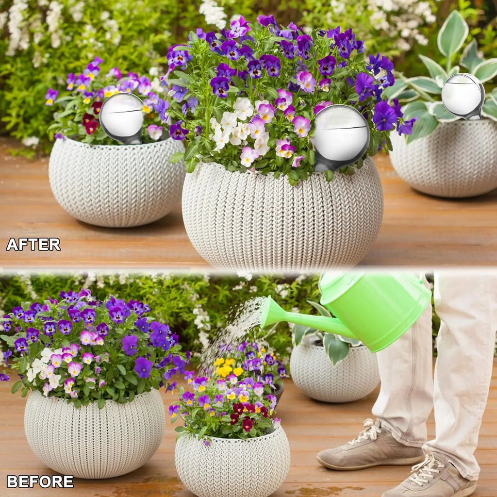 Transparent plant watering globes inserted into potted flowers