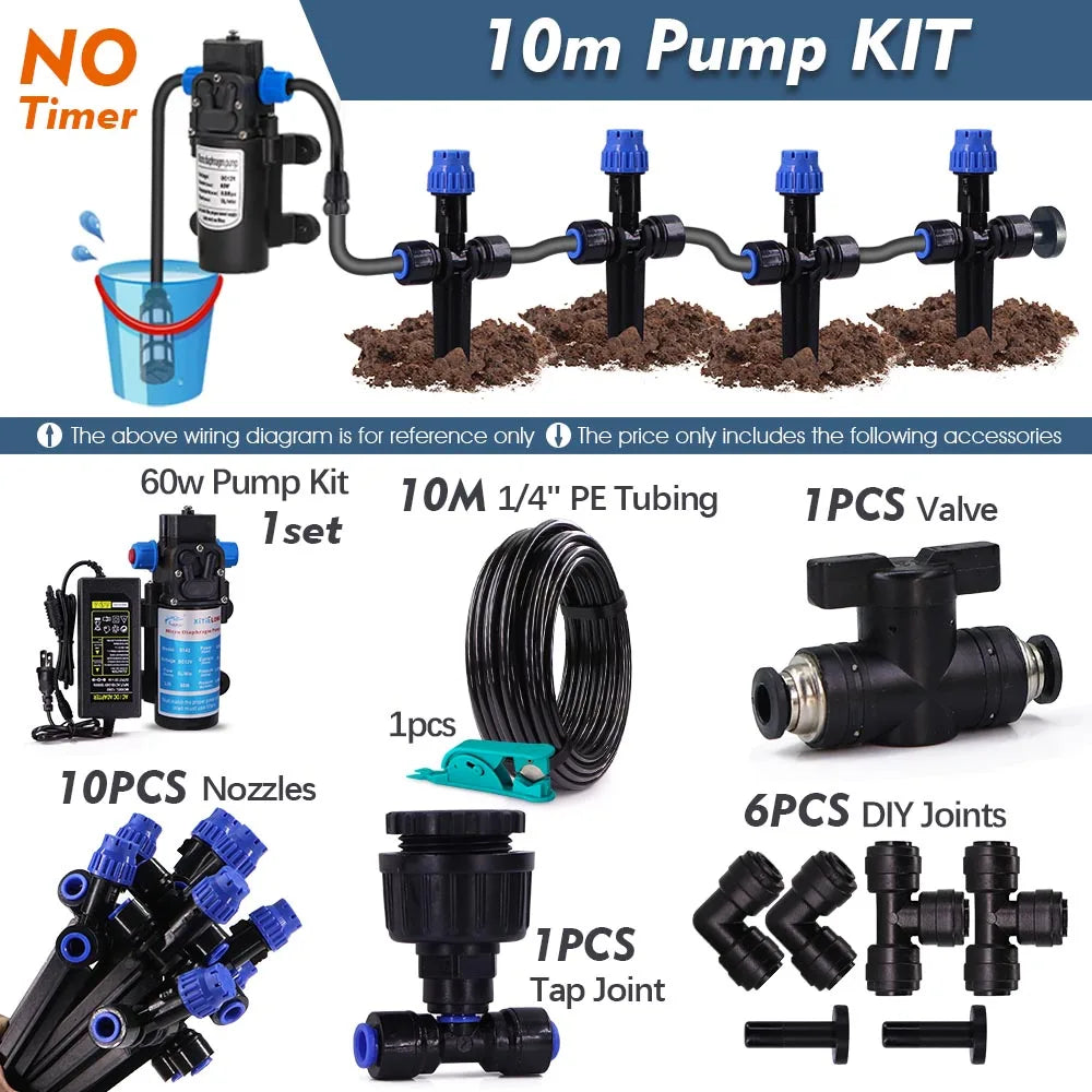 1/4" 60w Self-priming Pump Timed Kit w/ 4/6mm Adjustable Sprinkler Dripper Lawn Plant Pot Garden Irrigation Auto Watering System