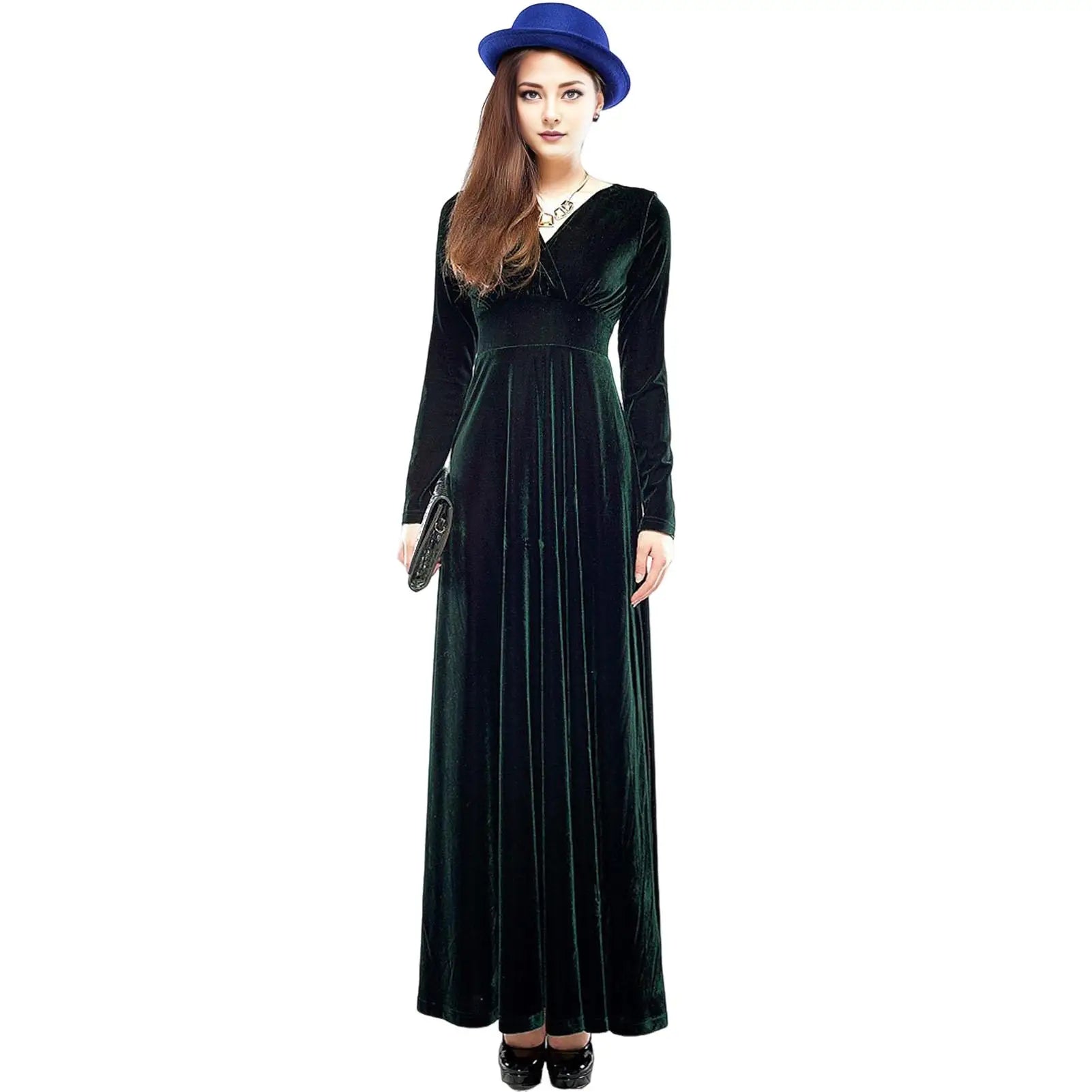 Vintage Women Autumn Long Sleeve V Neck Pleated Velvet Banquet Party Maxi Dress Party Wedding Elegant Evening dress 
