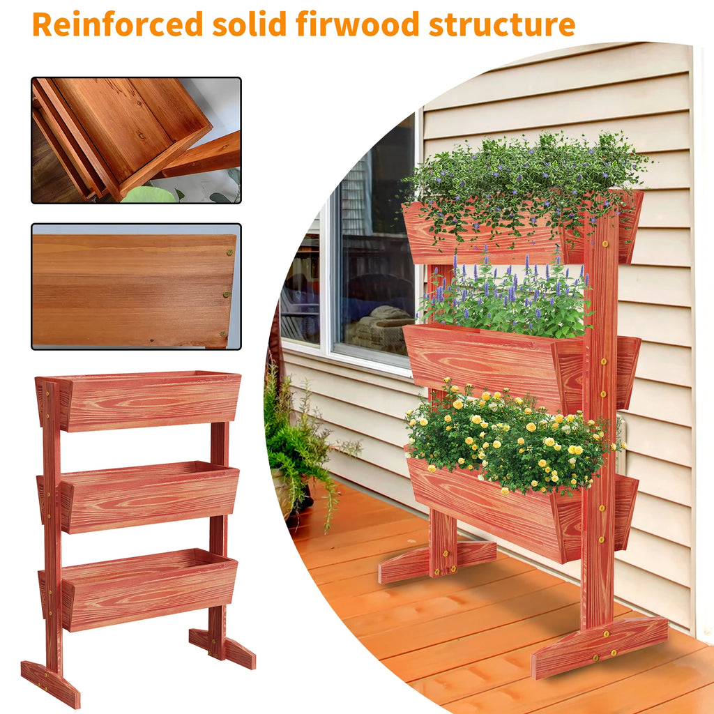 4-tier raised wooden planter box, reddish brown, close-up view of slatted troughs