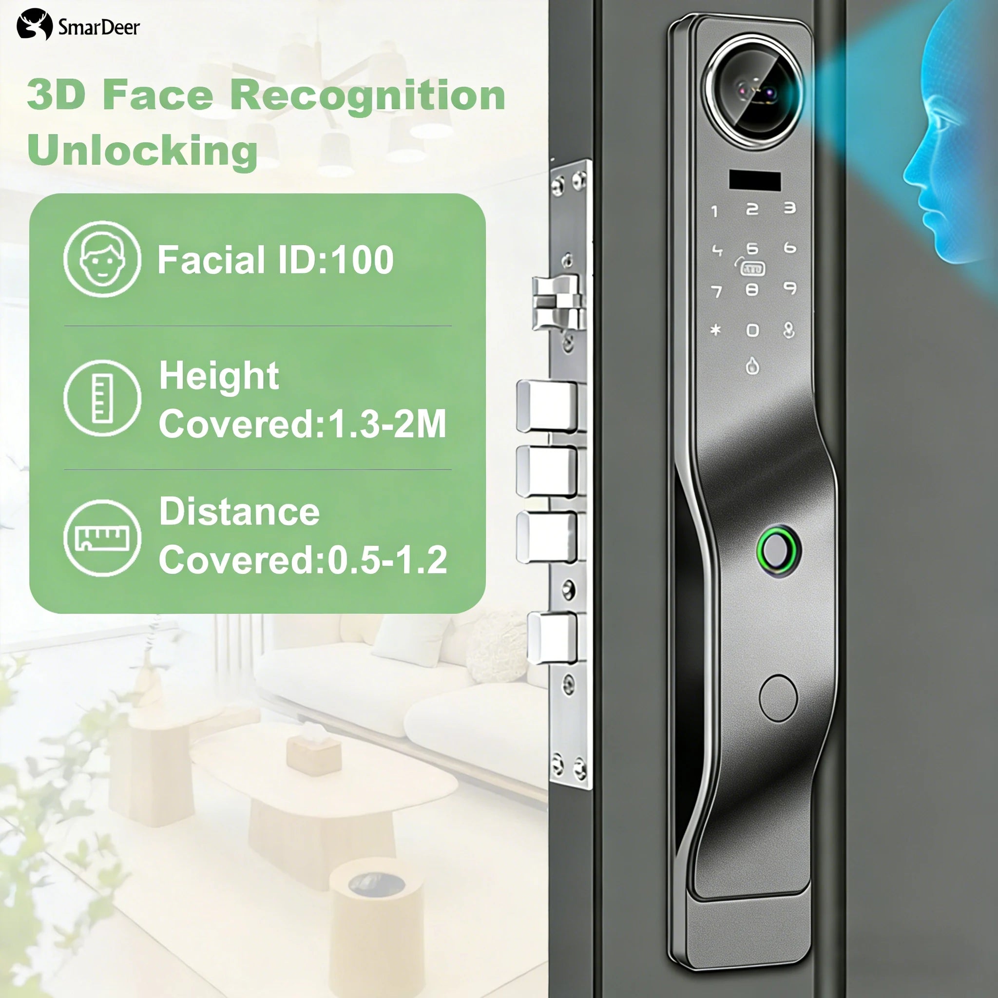 3D Facial Recognition Smart Door Lock with Video Doorbell Camera, Tuya WiFi Fingerprint Password Keyless Security Lock